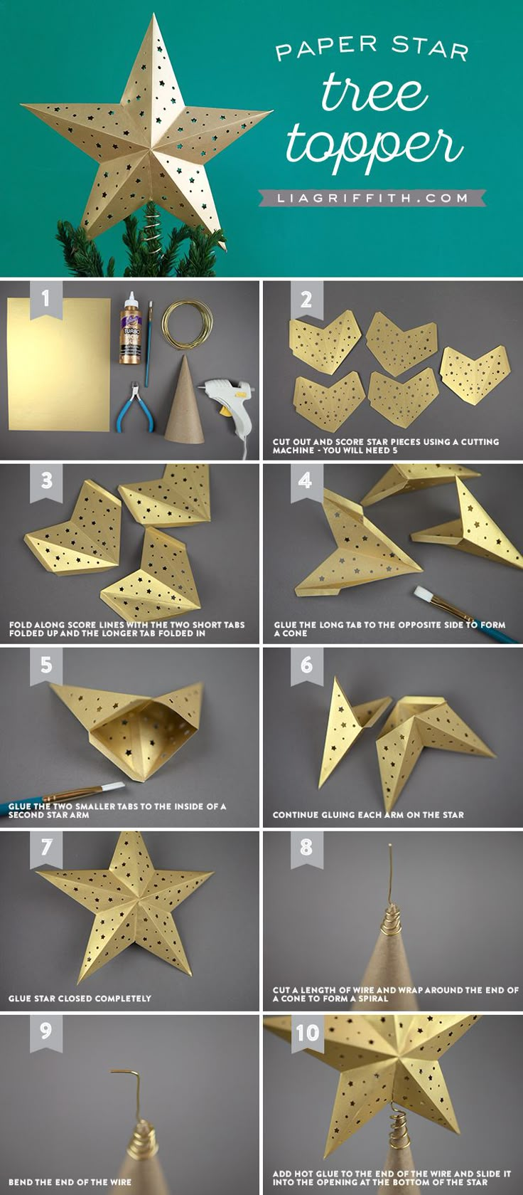 the steps to make a paper star tree topper for christmas trees and other decorations