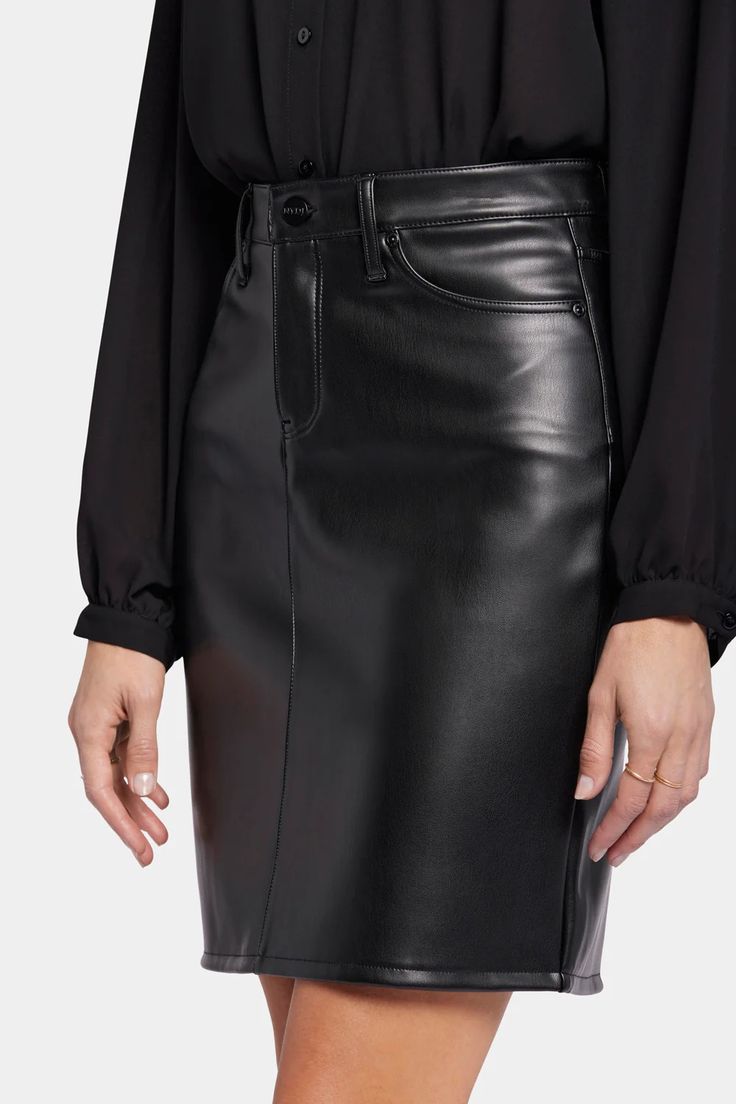 Faux Leather 5 Pocket Skirt Sculpt-Her™ Collection - Black | NYDJ Night Skirt, Pocket Skirt, Fall Skirts, Faux Leather Skirt, Petite Outfits, Skirts With Pockets, I Don T Know, Black Faux Leather, Don T Know