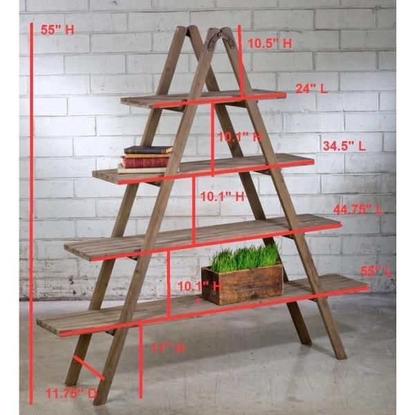 a wooden shelf with three levels and measurements for each shelf, including the top level