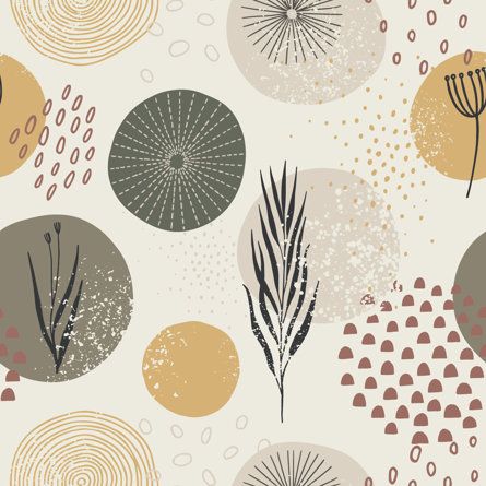 an abstract pattern with trees and circles on it's surface, in beige, green, yellow and brown colors