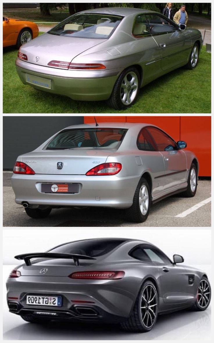 three different cars are shown side by side, one is silver and the other is red