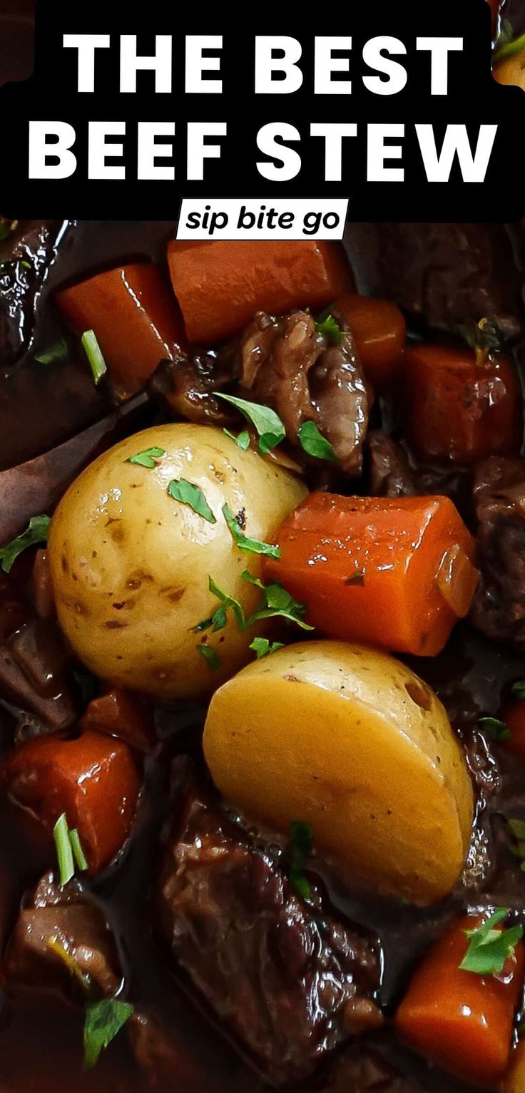 beef stew with carrots, potatoes and parsley in a bowl