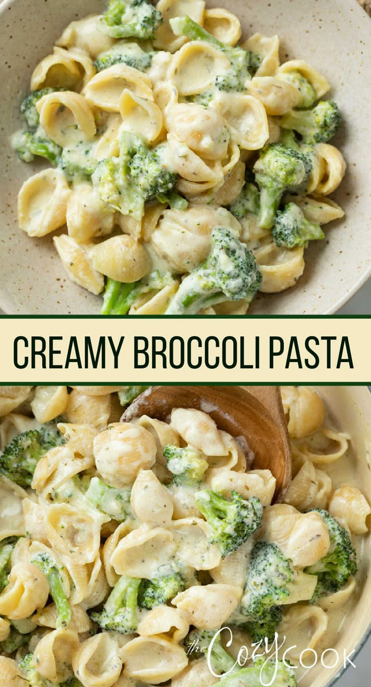 A collage of creamy pasta shells with broccoli. Cream Cheese Broccoli, Fry Shrimp Recipes, Broccoli Pasta Recipes, Baked Apple Chips Recipe, Creamy Broccoli Pasta, Stir Fry Shrimp, Baked Apple Chips, Apple Chips Recipe, Eggs And Avocado