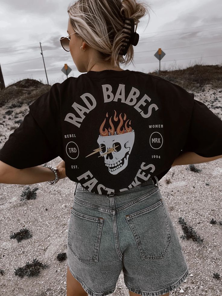 Rad Babes Fast Bikes Tee – We The Babes Biker Babe Outfit, Motorcycle Shoot, Clothing Brand Ideas, Volleyball Shirts, Fast Bikes, Everyday Fits, Biker Shirts, Birthday Idea, Brand Ideas