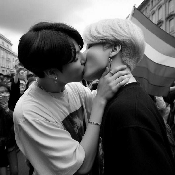 two women kissing each other in front of a crowd