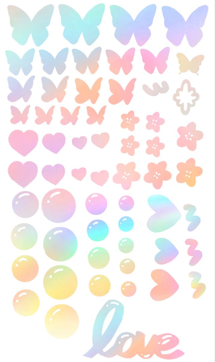 an assortment of pastel butterflies and bubbles on a white background with the word love