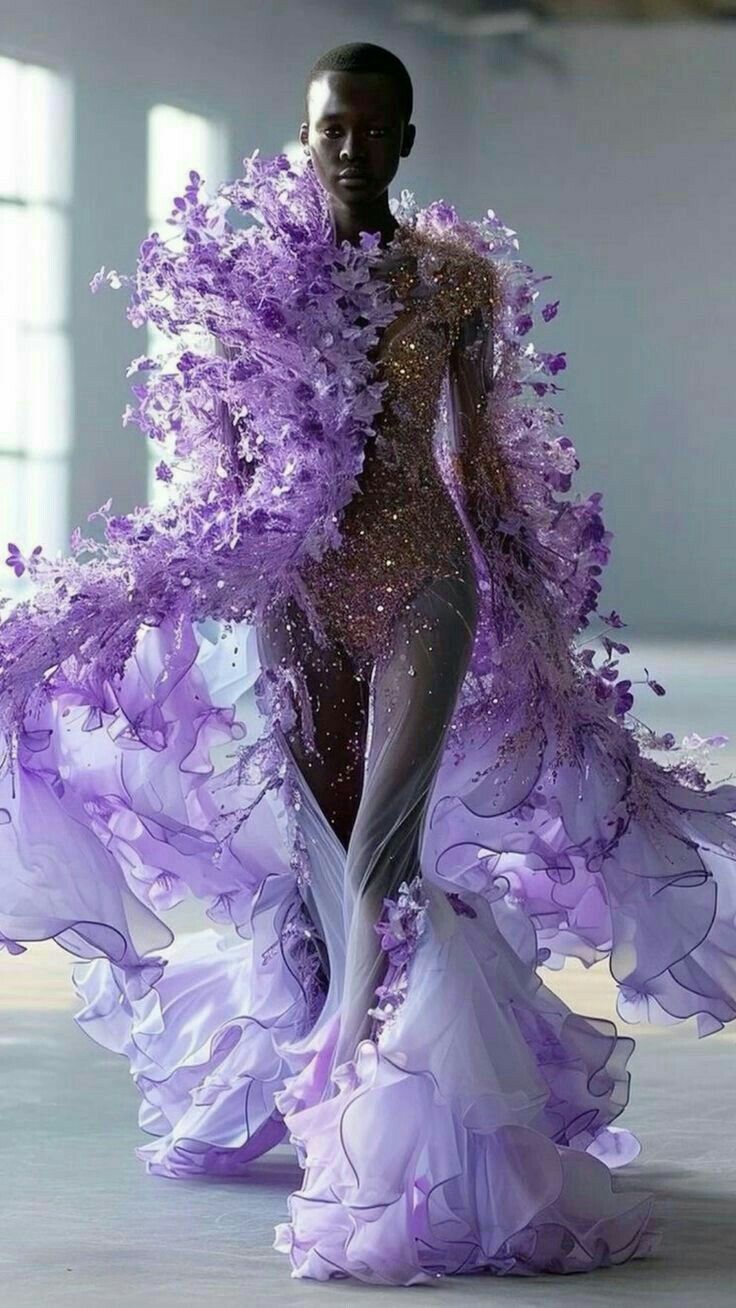 Purple Couture Dress, Garden Of Time Fashion, Easy Dinner Soup, Avant Garde Gown, Strange Fashion, Dinner Soup, Conceptual Fashion, Fairytale Dress, Fantasy Dress