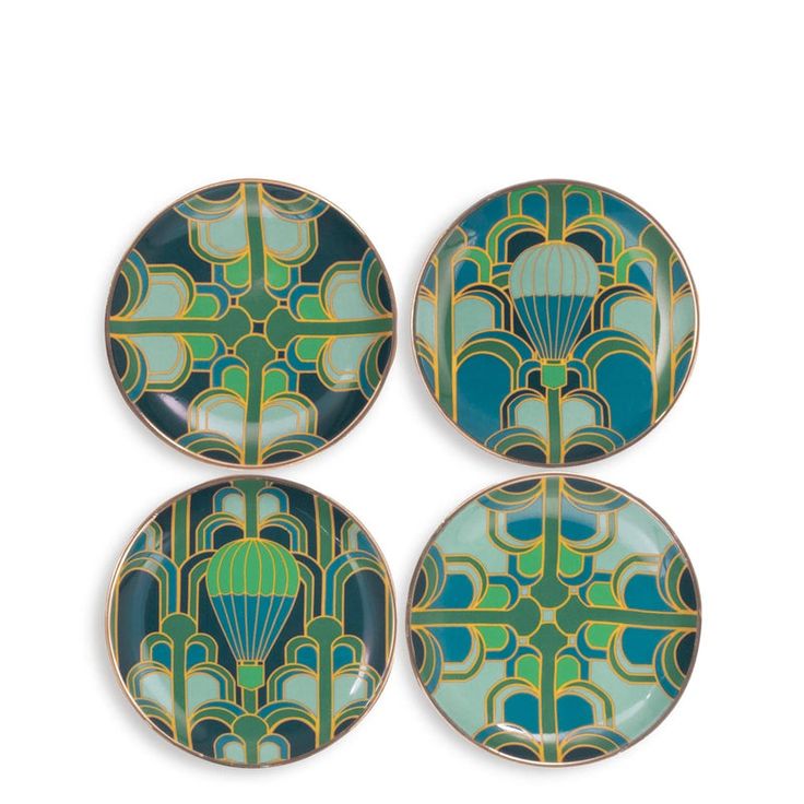 three plates with designs on them, one is green and the other is blue in color