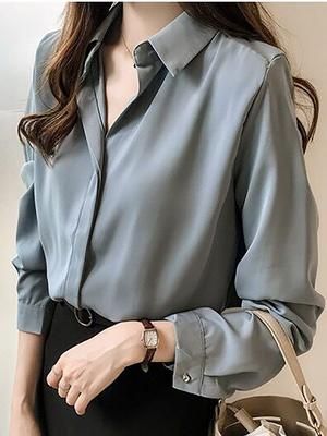 Chic Solid Color V-neck Shirt, Trendy V-neck Blouse For Office Wear, Elegant V-neck Chiffon Blouse, Elegant Chiffon V-neck Blouse, Spring Office Lady Solid Blouse, Chic Chiffon Shirt For Workwear, Chic Chiffon Shirt For Work, Chiffon Blouse For Work, Solid Long Sleeve Shirt For Office