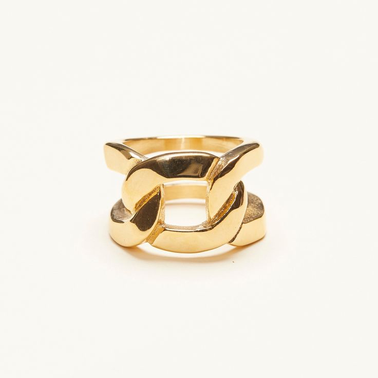 "A perfect statement ring, handcrafted with a chain styled band. This ring is well-made, eye-catching and pretty in gold color. Wear it to make your look fabulous. - Materials: 18K gold plated titanium - Measurements: approximately 0.6\" / 15mm in band width - Sizes: US6 - US9 - The product is tarnish-resistant and hypoallergenic Q&A 1. What is the material? - It is made from 18K real gold plated titanium. Titanium is nickel-free, zinc-free and hypoallergenic.. 2. Does the color tarnish? - T Trendy Gold Open Band Rings, Trendy Chain Rings In Metal, Trendy Metal Chain Rings, Gold Metal Link Chain Ring, Trendy Yellow Gold Metal Rings, Trendy Yellow Gold Rings, Gold Chain Ring With Adjustable Fit, Trendy Gold Chain Ring For Promise, Trendy Everyday Adjustable Chain Ring