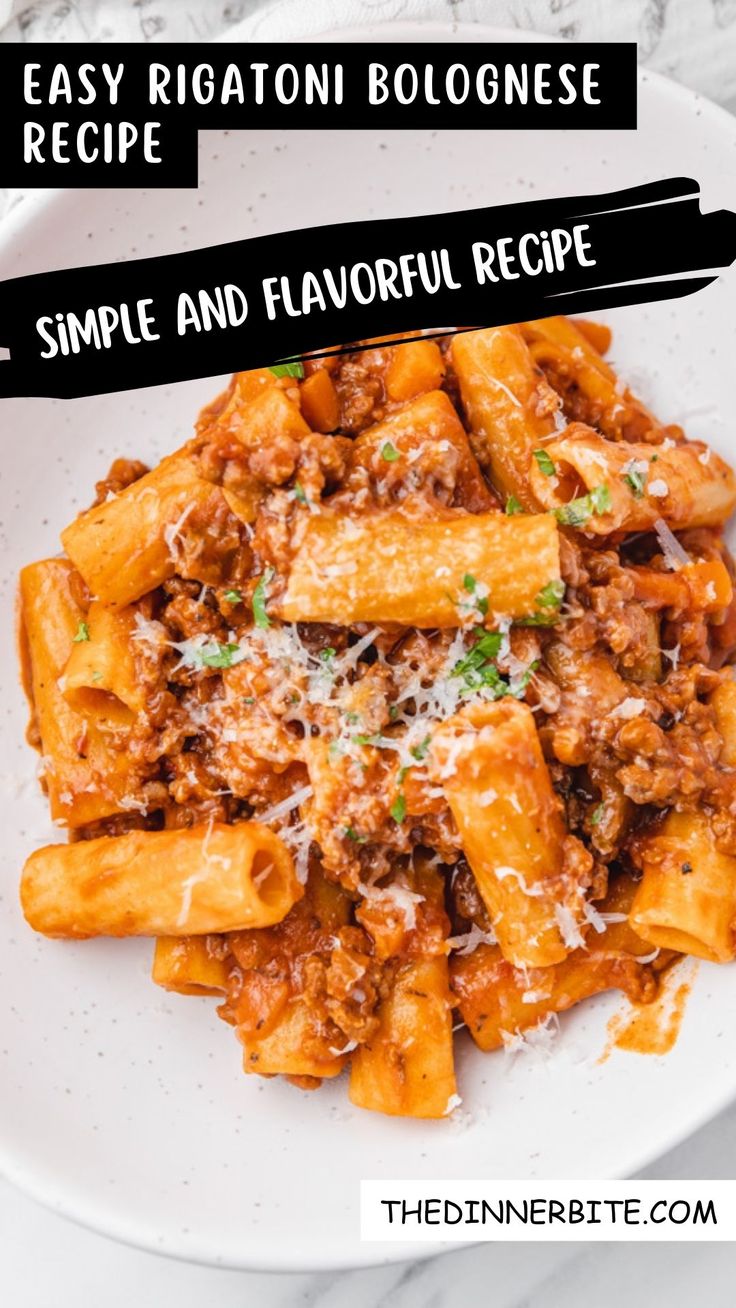 a white plate filled with pasta and sauce on top of a marble table next to the words easy rigatoni bolognzoe recipe