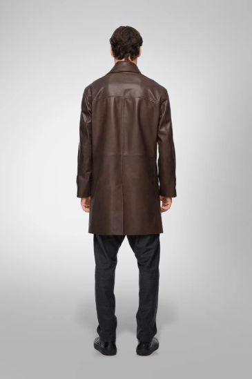 Men's Casual Leather Coat In Coffee Brown Enhance your wardrobe with our men's casual leather coat in coffee brown. This stylish coat is crafted from high-quality sheepskin leather with a semi-aniline finish, offering durability and a soft touch. Featuring a turn-down collar, open hem cuffs, and a smooth zipper closure, it's designed for both comfort and style. Complete with two inside pockets and two side pockets, it's the perfect blend of functionality and fashion for any occasion. Outer Shell Luxury Brown Outerwear With Concealed Placket, Luxury Brown Leather Jacket With Concealed Placket, Brown Business Outerwear With Concealed Placket, Luxury Brown Outerwear For Business, Luxury Brown Business Outerwear, Masculine Brown Outerwear For Work, Luxury Brown Long Coat, Winter Leather Outerwear With Concealed Placket, Masculine Brown Outerwear For Business