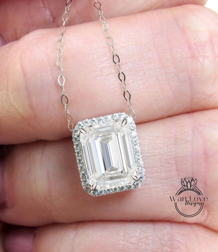 Diamond Emerald cut Halo 14K Gold Necklace/Moissanite Diamond Halo Necklace/Layering Diamond Necklace/Valentines Necklace/Anniversary Gift Necklace This necklace will be created with your gems size of choice. Customize both the center gem size & metal of choice to create your own unique look. The ultimate accessory for any Big Day or everyday wear!! Makes the perfect gift for that special someone in your life. Sure to be treasured for a lifetime! Looking for something in particular/custom? Please ask for details & pricing. **Includes an 18" thin dainty chain (approx 1mm). Will vary depending on availability.We designed it so you can wear it 2 ways-East West or Vertical, (like having 2 necklaces in 1). ~Necklace Details~Metals Available-Solid 10k, 14k, 18k & PlatinumGold Color Choices-White Layering Diamond Necklaces, Emerald Cut Halo, Halo Necklace, Bezel Set Ring, Necklace Layering, Dainty Chain, 14k Gold Necklace, Buying Diamonds, Valentines Necklace