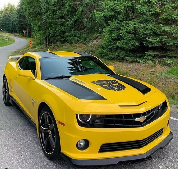 a yellow chevrolet camaro is parked on the side of the road in front of some trees