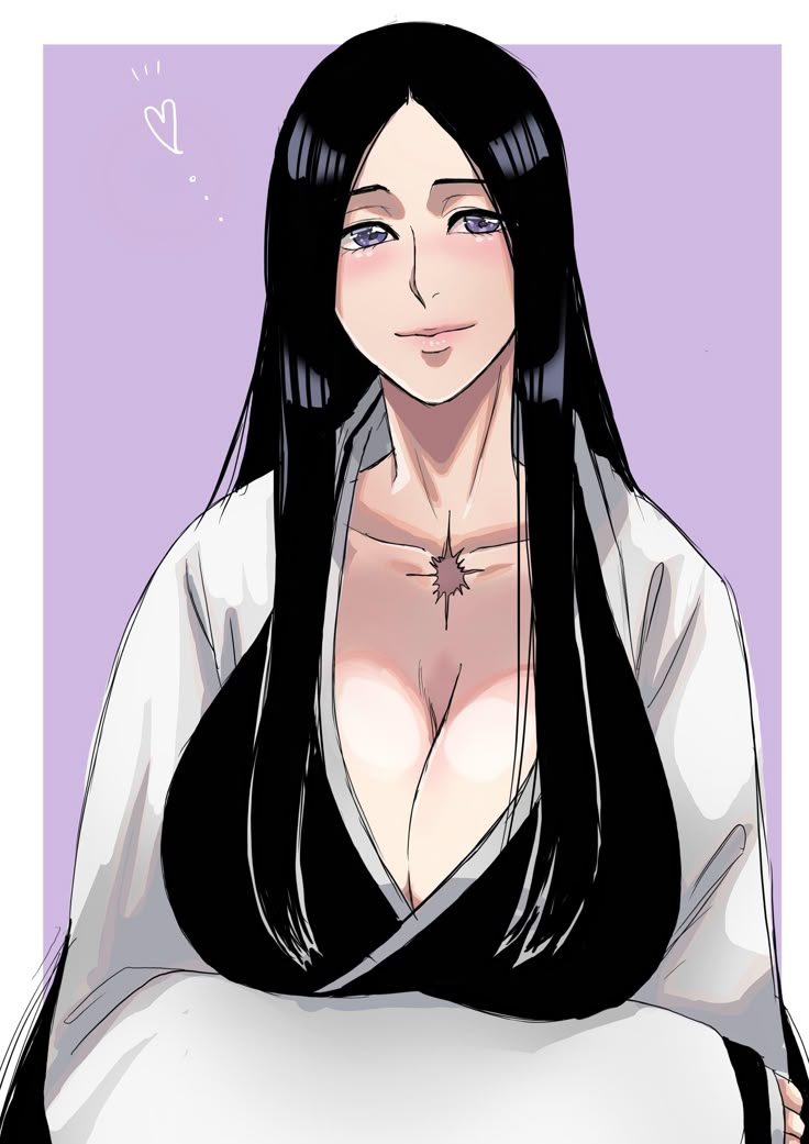 an anime character with long black hair wearing a white shirt and holding her hand on her chest