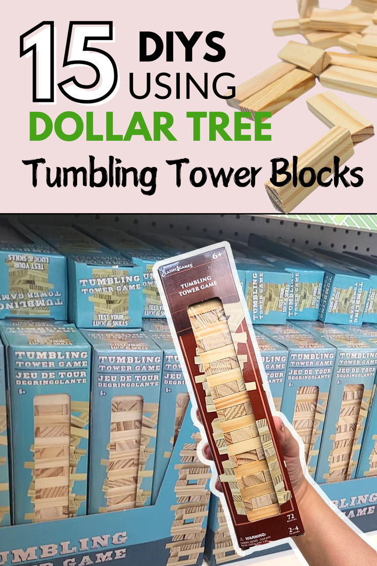 a person holding up a box of wooden blocks with text overlay that reads 15 diy's using dollar tree tumbling tower blocks