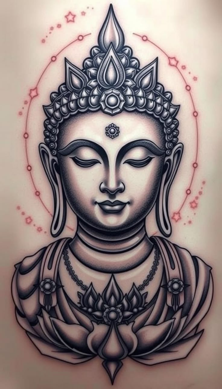 a buddha tattoo design on the back of a woman's shoulder, with an intricate crown