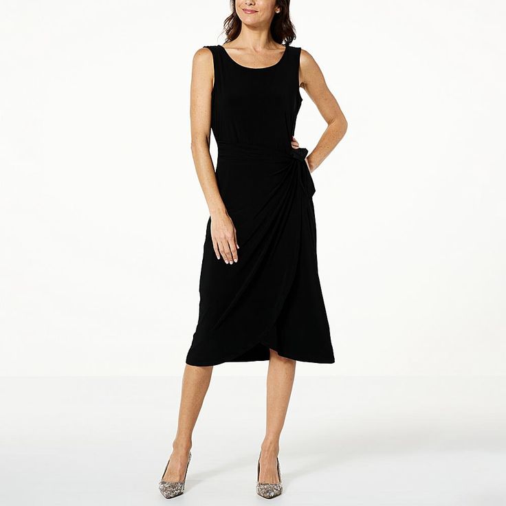 Nina Leonard Sleeveless Wrap Waist Midi Dress With a flattering wrap-style silhouette, this sleeveless midi dress creates the perfect polished look every time. Peach Color Dress, Black Faux Leather Dress, Sheer Long Sleeve Dress, Red Knit Dress, Sweater Maxi Dress, Illusion Dress, Faux Leather Dress, Sleeveless Midi Dress, Stretchy Dress