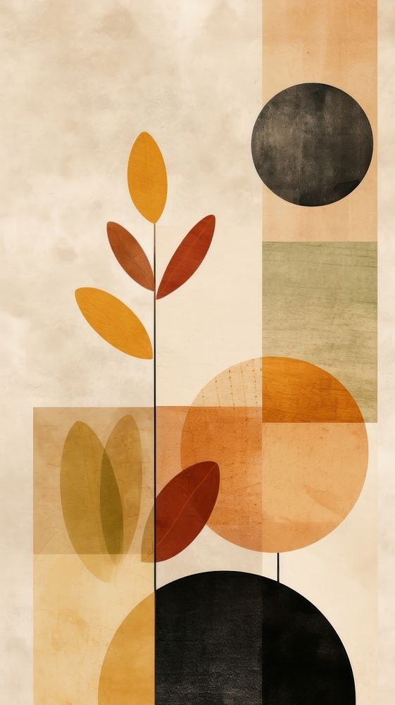 an abstract painting with different colors and shapes on the surface, including leaves and circles