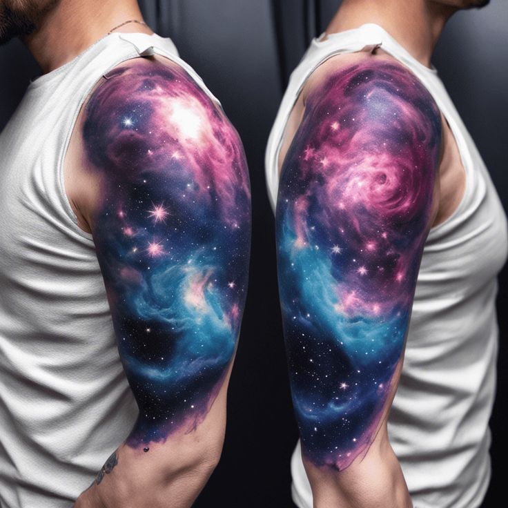 a man's arm with colorful galaxy tattoos on it