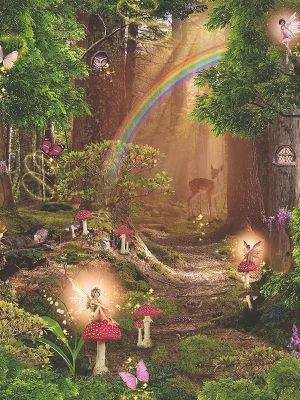 an image of a forest scene with rainbows and mushrooms on the ground, in front of