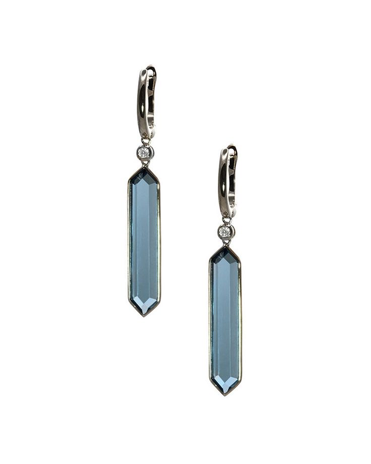 14k white gold earrings with hexagonal London Blue Topaz and diamonds (0.06ctw) hanging on hinged backs. Hang 1 1/2". By Olivia B Luxury Gemstone Earrings For Everyday, Modern Octagon Earrings For Formal Occasions, Silver Octagon Earrings With Diamond Accents, Formal Octagon Earrings With Diamond Accents, Octagon Earrings With Diamond Accents For Formal Occasions, Formal Silver Octagon Earrings, Formal Sterling Silver Jewelry With Palladium Hardware, Wizard Jewelry, Blue Jewellery