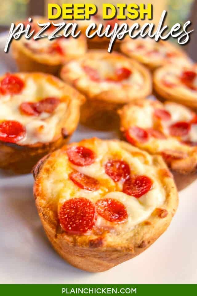 mini deep dish pizza cupcakes on a white plate with the title above it