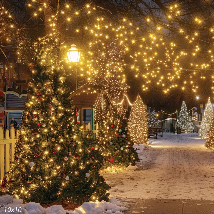 christmas trees are lit up along a snowy path in the park at night with lights on them