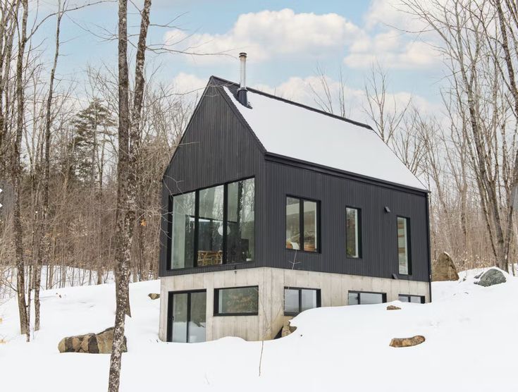 a house in the snow surrounded by trees