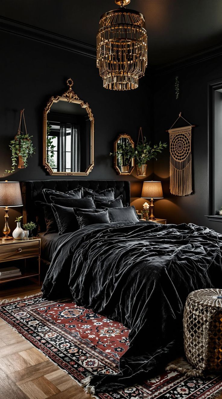 Black Boho Bedroom Ideas Black And Gold Gothic Bedroom, Noir Bedroom Aesthetic, Moody Rug Bedroom, Black Bedspread Ideas, Dark Room Colors Bedroom Decor, Moody Bedroom Headboard, Minimalist Goth Decor Bedroom, Black And Jewel Tone Bedroom, Goth Master Bedrooms Decor