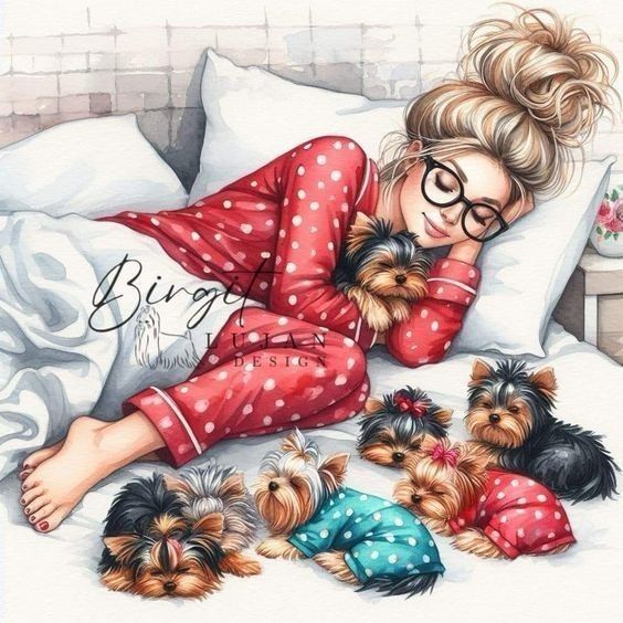 a painting of a woman laying in bed with her three small dogs and wearing pajamas