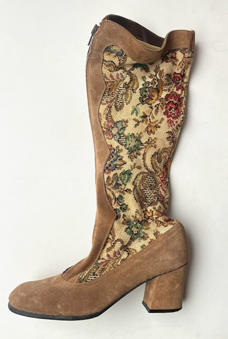 "Step into style with these authentic mid-century tapestry and suede boots. Crafted with Italian finesse, these knee-high heels have a timeless appeal. These boots feature a striking tapestry pattern with florals in autumn hues, intertwined with classic foliage designs, set against a backdrop of suede.  This detailed tapestry paired with rich suede and leather make a bold fashion statement. In great vintage condition with minor wear (see pictures) for details. They're a size 6B, though this vintage size may vary. Outside boot measurements: Length 9 1/4\", Width 3 1/8\", Height 16\", Heel 2 1/2\"." Vintage Leather Boots, Vintage Beige Boots For Fall, Vintage Beige Almond Toe Boots, 60s Boots, 70s Boots, Granny Boots, Knee High Heels, Funky Shoes, Personal Style Inspiration