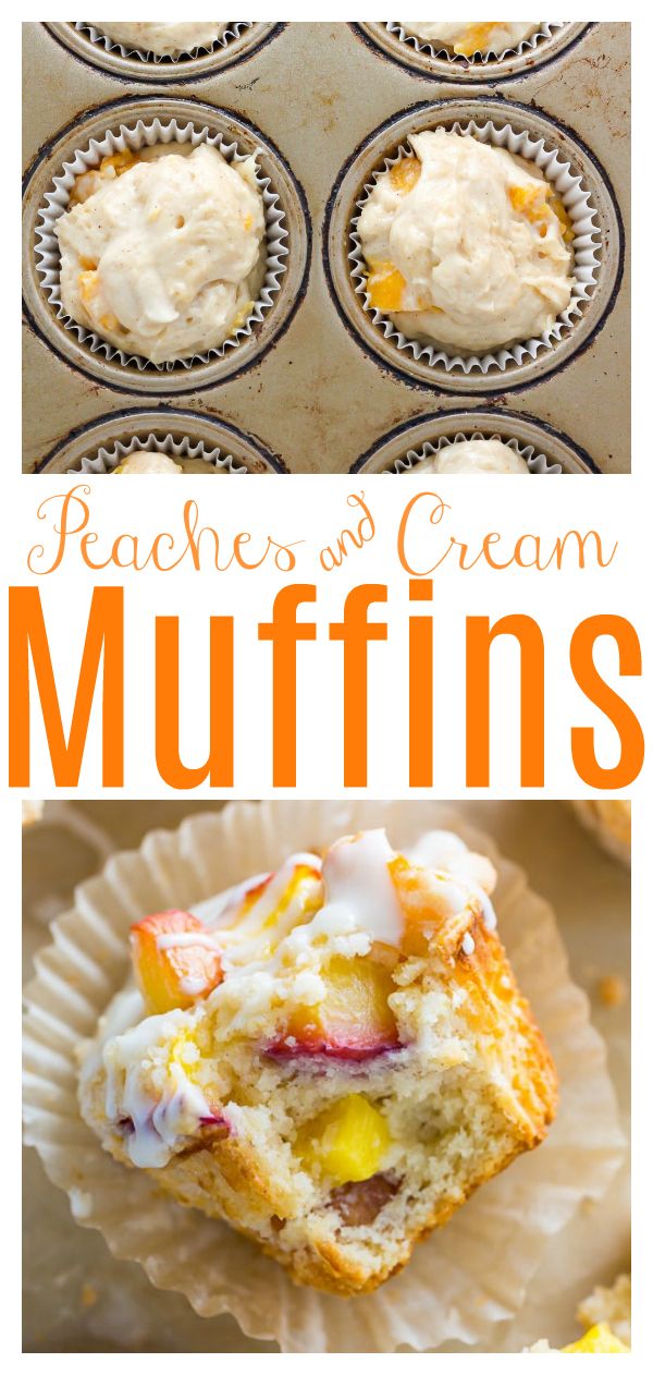 some muffins are sitting on top of each other and the title reads peaches and cream muffins