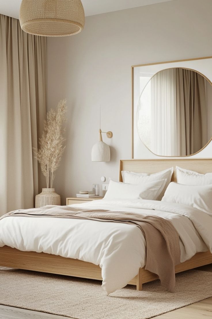 Create a serene bedroom with Scandinavian-inspired decor that emphasizes light, warmth, and simplicity. #ScandiBedroom #MinimalistStyle #SereneSpaces Minimalist Boho Bedroom Aesthetic, Scandi Boho Bedroom, Sage Green Aesthetics, Scandanavian Interiors Bedroom, White And Beige Bedroom, Bedroom Scandinavian Style, Scandinavian Interior Bedroom, Minimalist Bedding, Scandinavian Living Room Ideas