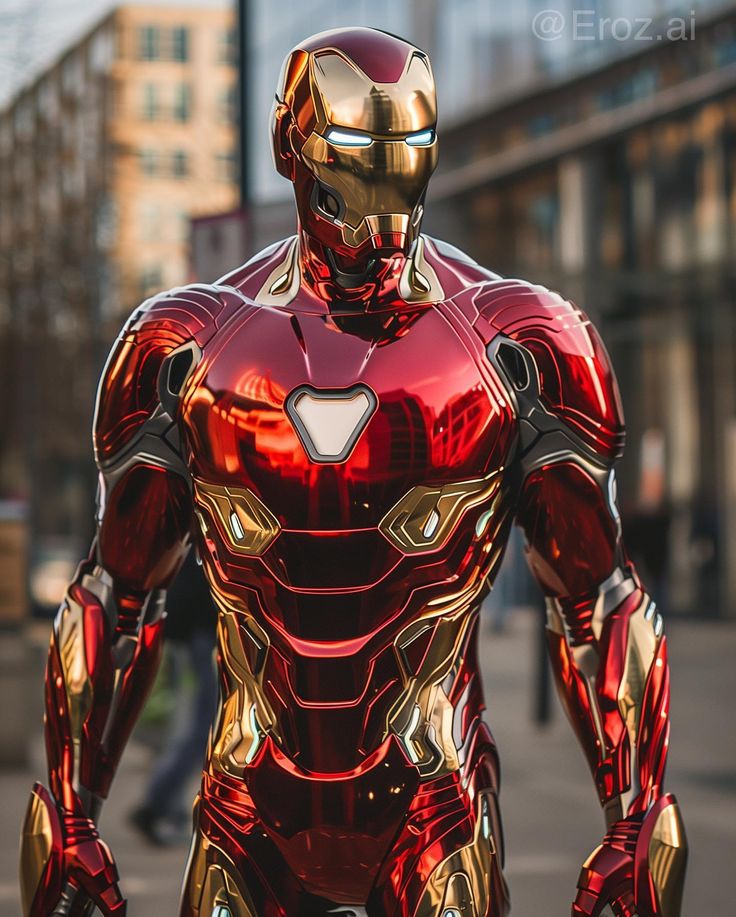 an iron man statue is standing in the street