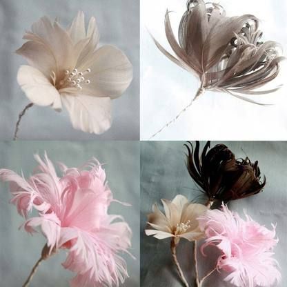 four different types of flowers with feathers in the middle one is pink, white and grey