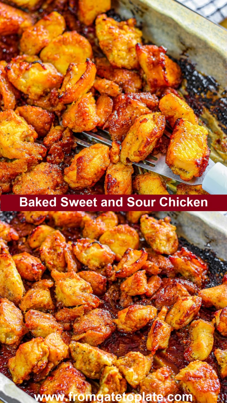 baked sweet and sour chicken is shown in two separate pans, with the words baked sweet and sour chicken above it