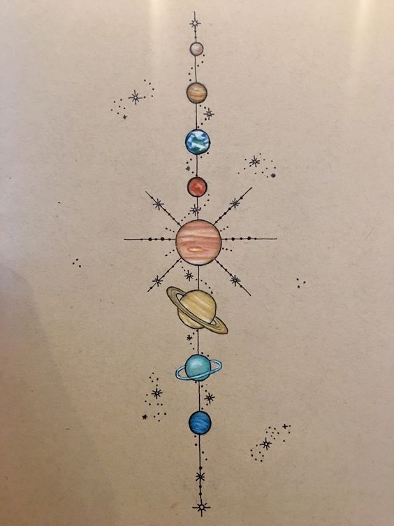 a drawing of the solar system with eight planets and stars on it's side