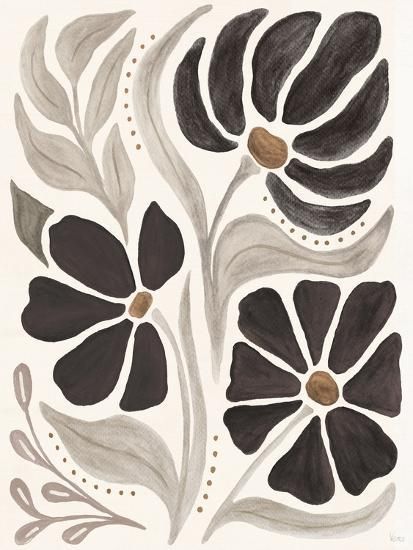 a drawing of black and white flowers with brown centers