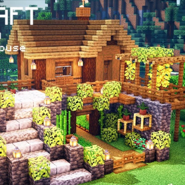 an image of a house made out of blocks and plants in minecraft with text overlay