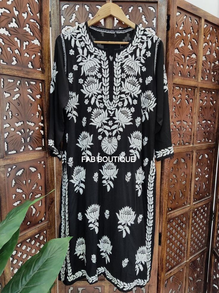 ▪ Kurti Fabric: Modal ▪ Kurti Length: 44-46 Inches ▪ Sleeves: 3/4 Sleeves ▪ Style: Straight Kurti ▪ Occasions: Party Wear, Office Wear, Festive Wear ▪ Garment Care: Hand Wash Only ▪ Price Includes: 1x Kurti Traditional Black Churidar With Chikankari Embroidery, Bollywood Style Chikankari Embroidery Kurta, Bollywood Style Chikankari Embroidered Kurta, Traditional Georgette Churidar With Floral Embroidery, Traditional Floral Embroidered Georgette Churidar, Bollywood Style Festival Kurta With Chikankari Embroidery, Long Sleeve Georgette Traditional Wear With Chikankari Embroidery, Summer Traditional Wear With Dabka Work In Georgette, Fitted Cutdana Sharara For Summer