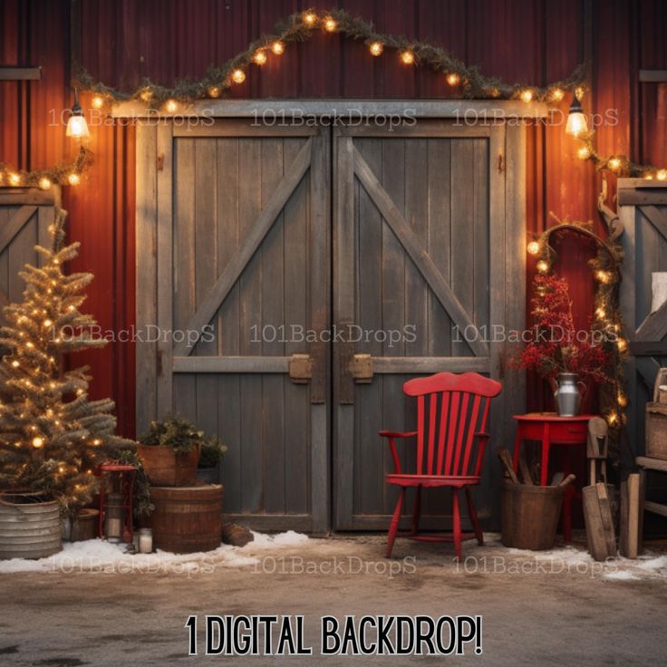 a red chair sitting in front of a barn door with christmas lights on the side