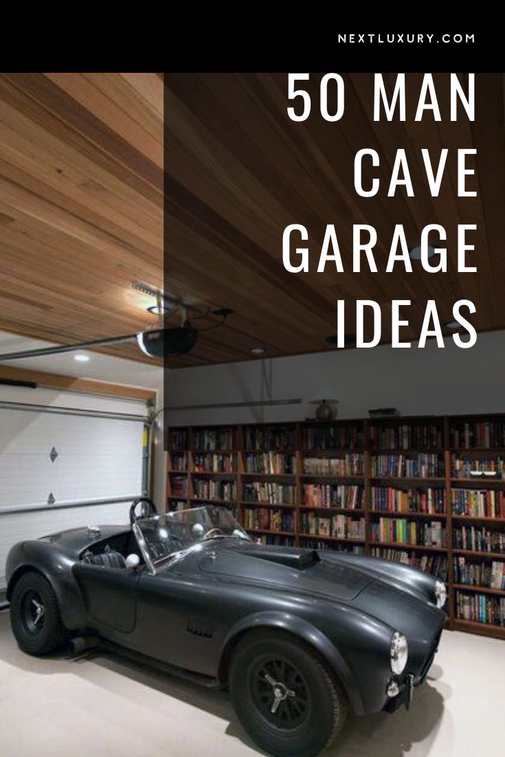 a car is parked in front of a bookshelf with the words 50 man cave garage ideas