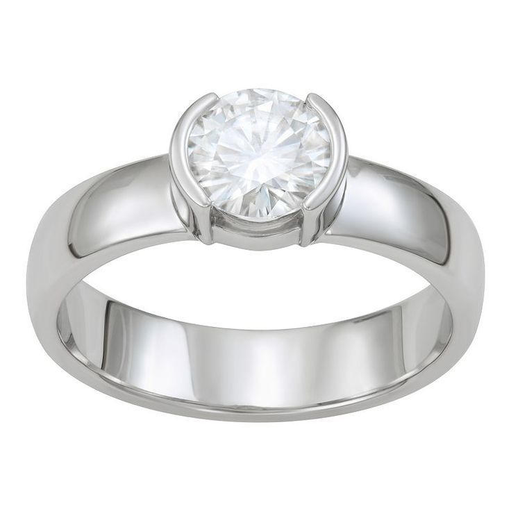 Complete your elegant look with this dazzling Charles & Colvard lab-created moissanite semi-bezel solitaire ring. Complete your elegant look with this dazzling Charles & Colvard lab-created moissanite semi-bezel solitaire ring. Width: 7.6 mm Metal: 14k white gold Plating: rhodium Finish: polished Packaging: boxedSTONE DETAILS Stone type: lab-created moissanite Total weight: 1 ct. Center stone size: 6.5 mm x 6.5 mm Shape: round brilliant Setting: bezel Diamond equivalent carat (ct.) Total Gold Band Diamond Ring, Band Diamond Ring, Coastal Fashion, Casual Coastal, Right Hand Rings, Engagement Band, Engagement Bands, Bezel Diamond, Gold Band