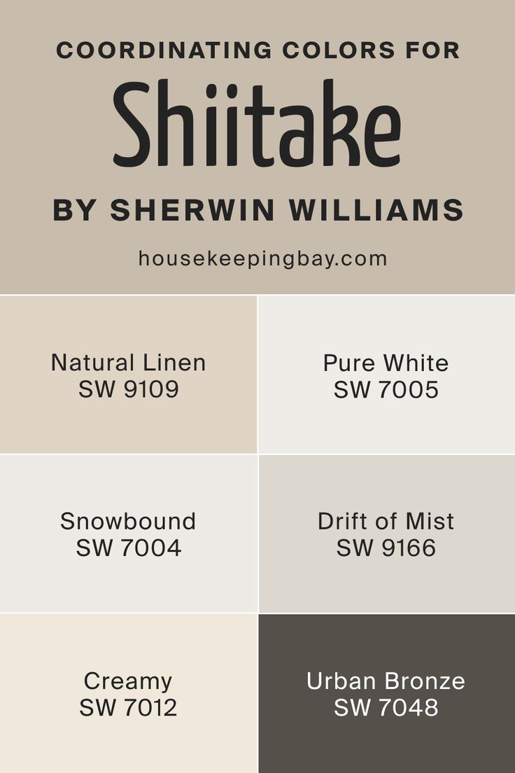 Shiitake SW 9173 by Sherwin Williams - Coordinating Colors Natural Linen Coordinating Colors, Dhurrie Beige, Tony Taupe, Lake House Paint Colors, Drift Of Mist, Urban Bronze, Balanced Beige, French Ideas, Living Room Paint Color Ideas