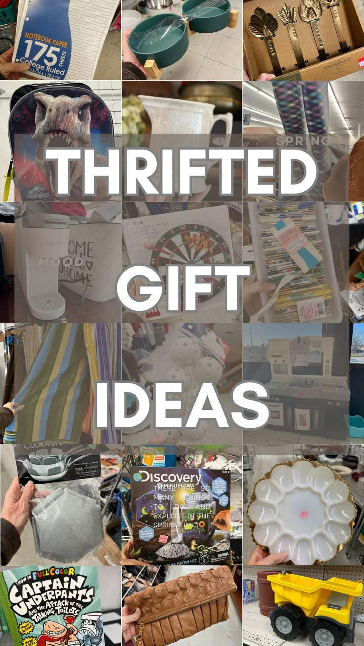 the words thrifted gift ideas are overlaid by pictures of various items and objects