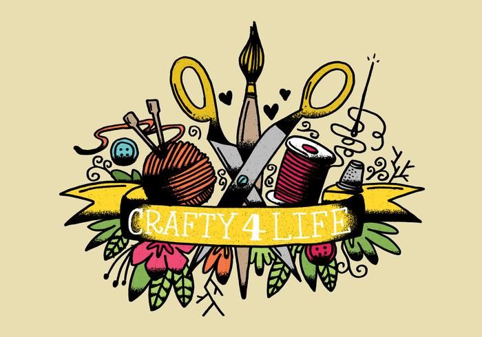 the crafty 4 life logo has scissors, yarn and knitting needles on it's ribbon