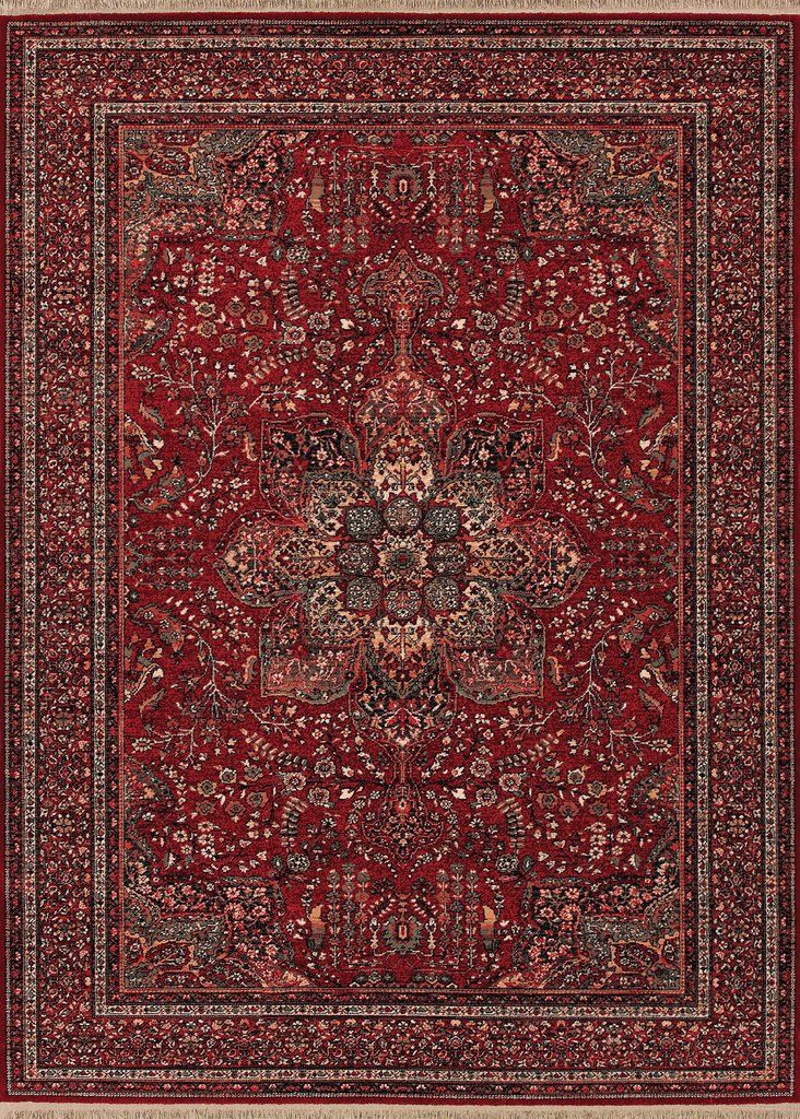 a red rug with an intricate design on the middle and bottom, surrounded by smaller flowers