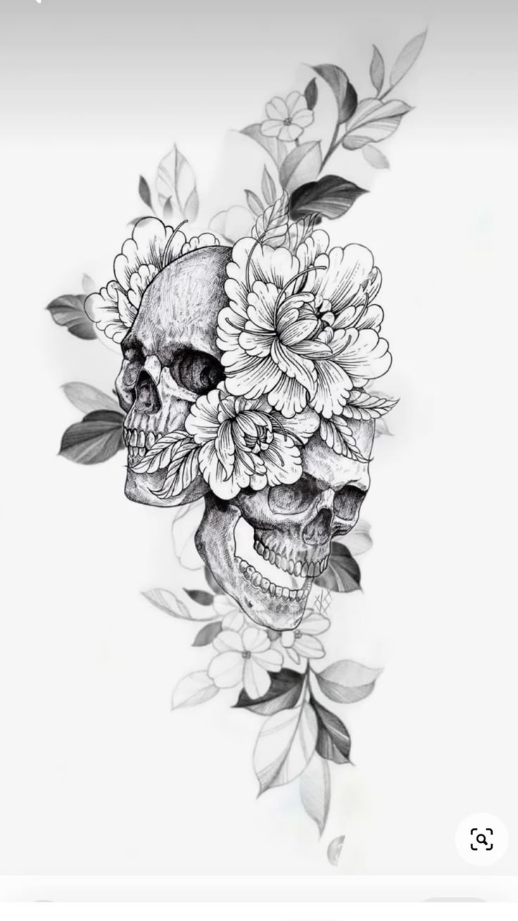 a black and white drawing of a skull with flowers on it's head, surrounded by leaves