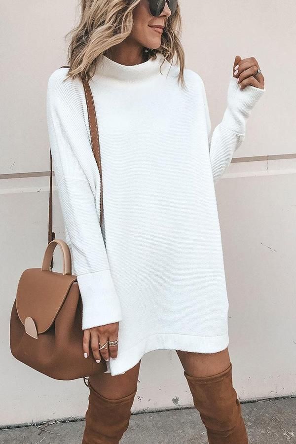 Come My Way Sweater Casual Dress – roschic Vinter Mode Outfits, Knitted Winter Dress, Winter Mode Outfits, White Sweater Dress, Solid Color Sweater, Pullover Outfit, Dress Women Elegant, Dress Woman, Solid Color Dress